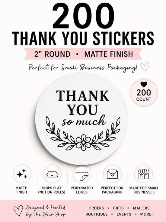 Handmade Other - 200 White 2inch Minimalist Thank You Stickers Matte Small Business Packaging